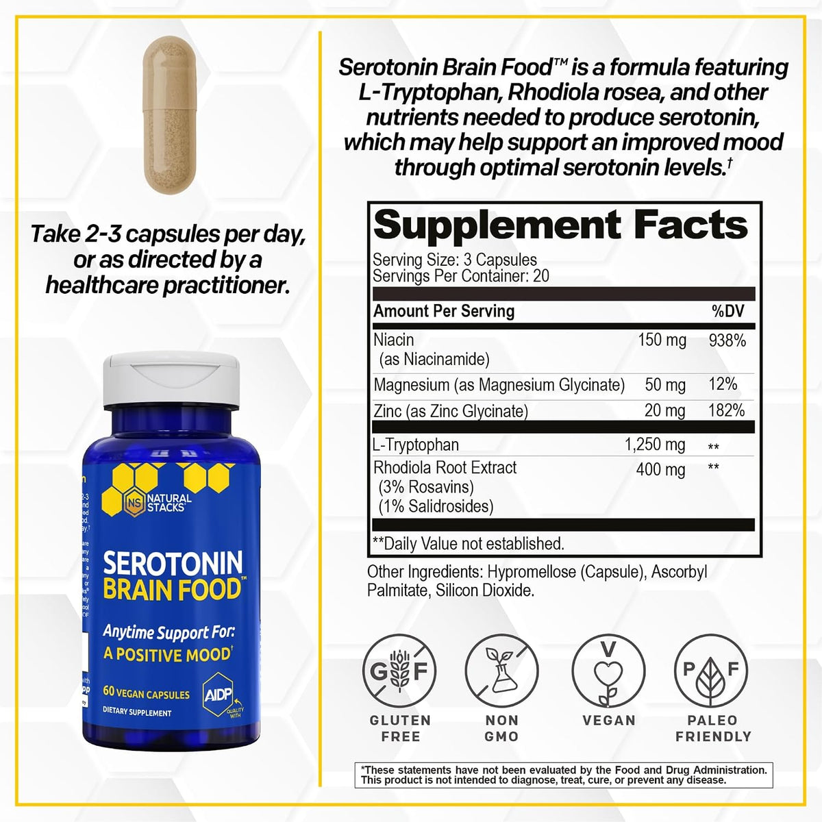 Serotonin Brain Food - 1250mg L-Tryptophan & 400mg Rhodiola Rosea Food Supplement - Mood Support with Magnesium Glycinate & Zinc - 60 Capsules - görsel 2