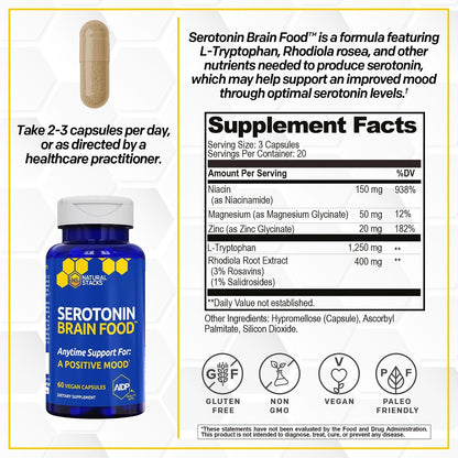 Serotonin Brain Food - 1250mg L-Tryptophan & 400mg Rhodiola Rosea Food Supplement - Mood Support with Magnesium Glycinate & Zinc - 60 Capsules