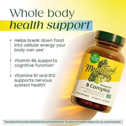 MegaFood Balanced B Complex - 8 B Vitamins for Energy & Nervous System Support, Vegan, Gluten Free - 60 Tablets