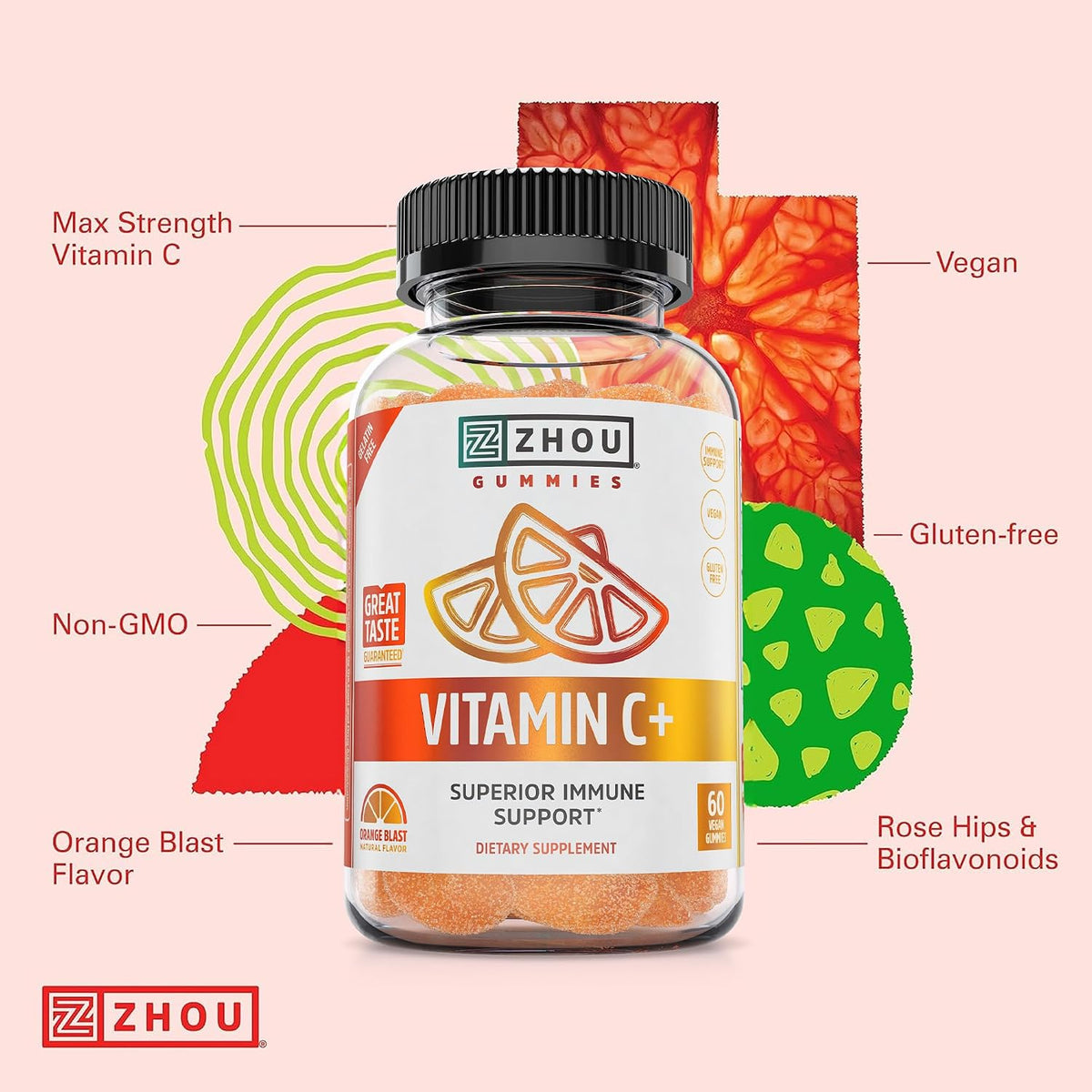 Zhou Vitamin C+ Gummies - 270 mg with Bioflavonoids, Rosehips & Acerola for Immune Support - 60 Vegan Gummies - görsel 5