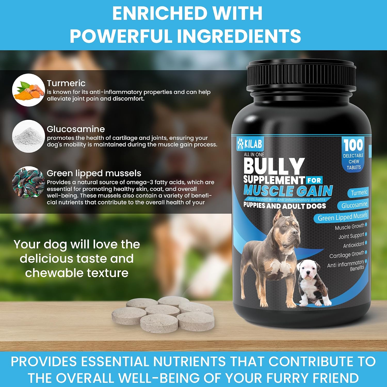 Kilab Dog Weight Gainer – 100 Chewable Tablets for Dogs Muscle Builder - görsel 3