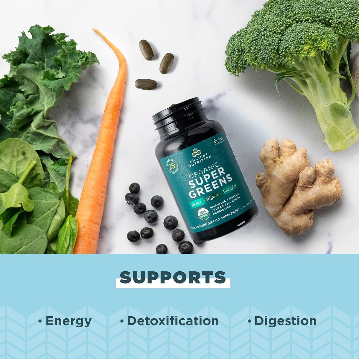 Ancient Nutrition Super Greens with Probiotics, Organic Superfood Tablets Made from Spirulina, Chlorella, Moringa, and a Resilient Probiotic, 30 Servings, 90 Tablets - görsel 3