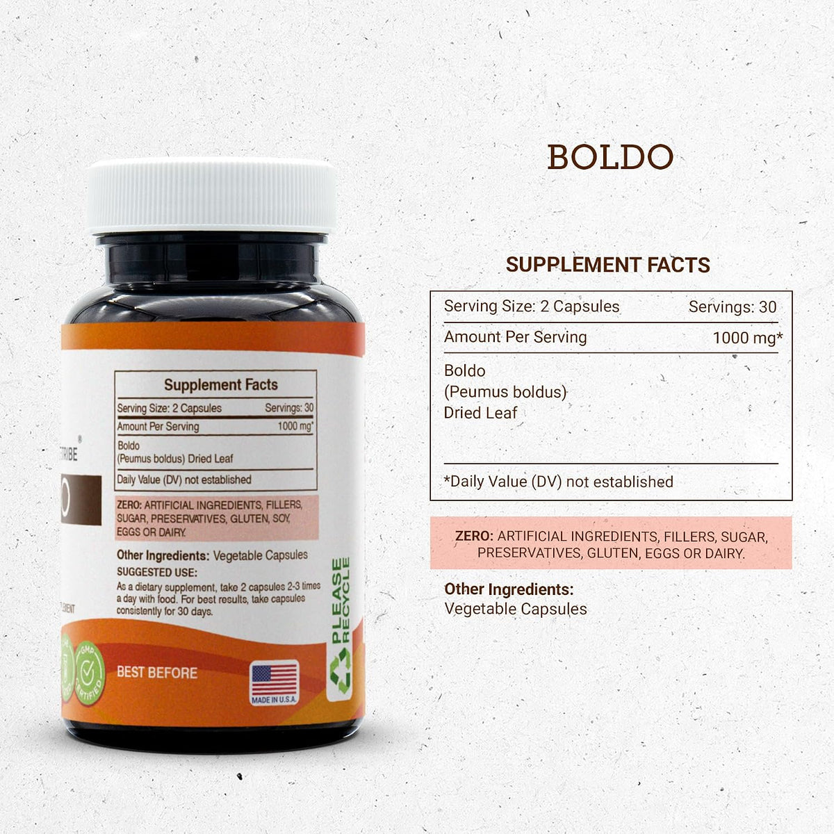 Boldo 60 Capsules, 1000 mg - Dried Leaf Supplement - görsel 3
