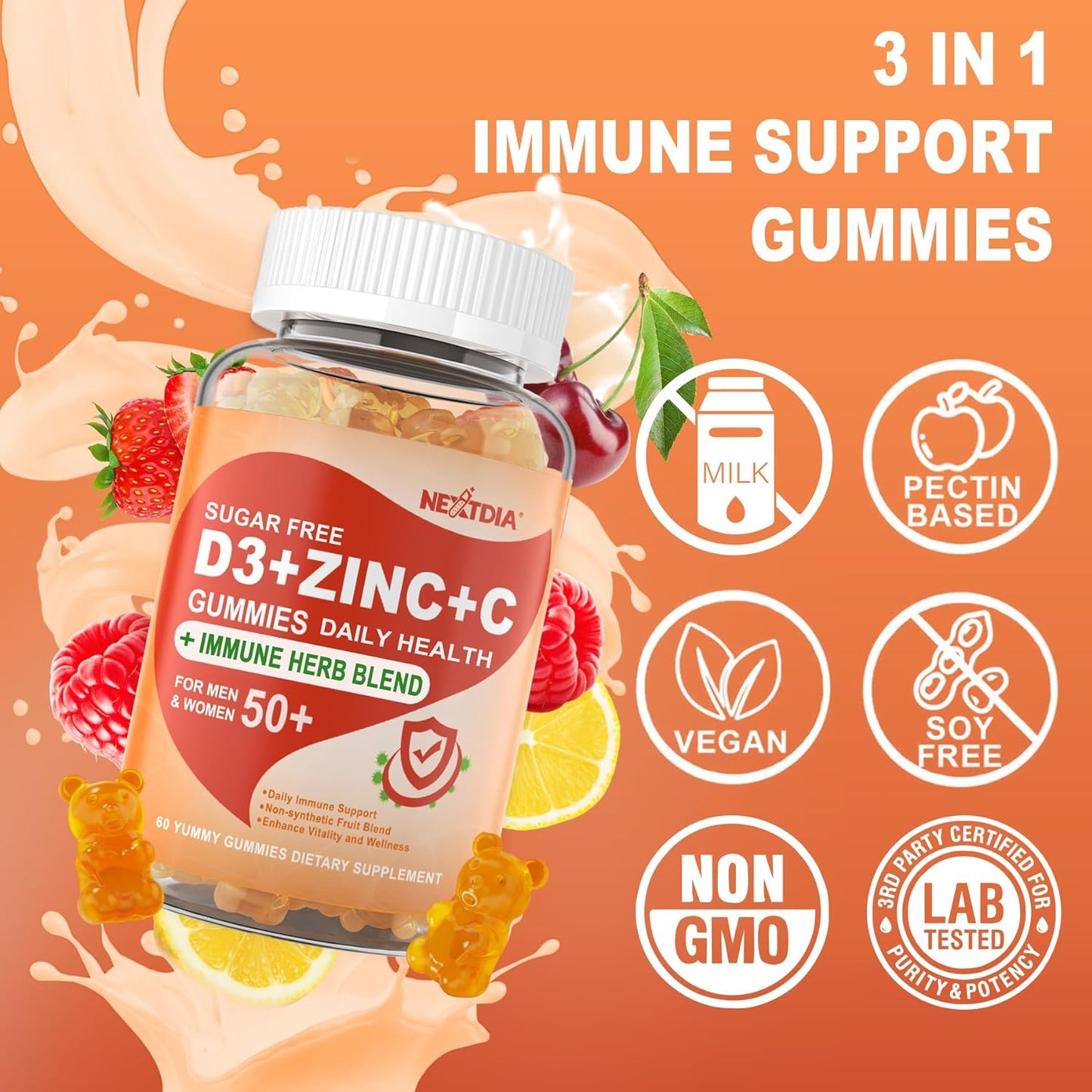 Sugar Free Vitamin C + D3 + Zinc Gummies for Adults 50+, 9 in 1 Immune Defence Supplement with D3 5000IU, Elderberry, Echinacea, Mullein Leaf - Vegan (Pack of 1) - görsel 6
