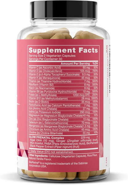 Eu Natural Glow Prenatal Vitamins for Women – 20-in-1 Multivitamin with Folate & Vegan DHA – 60 Vegetarian Capsules