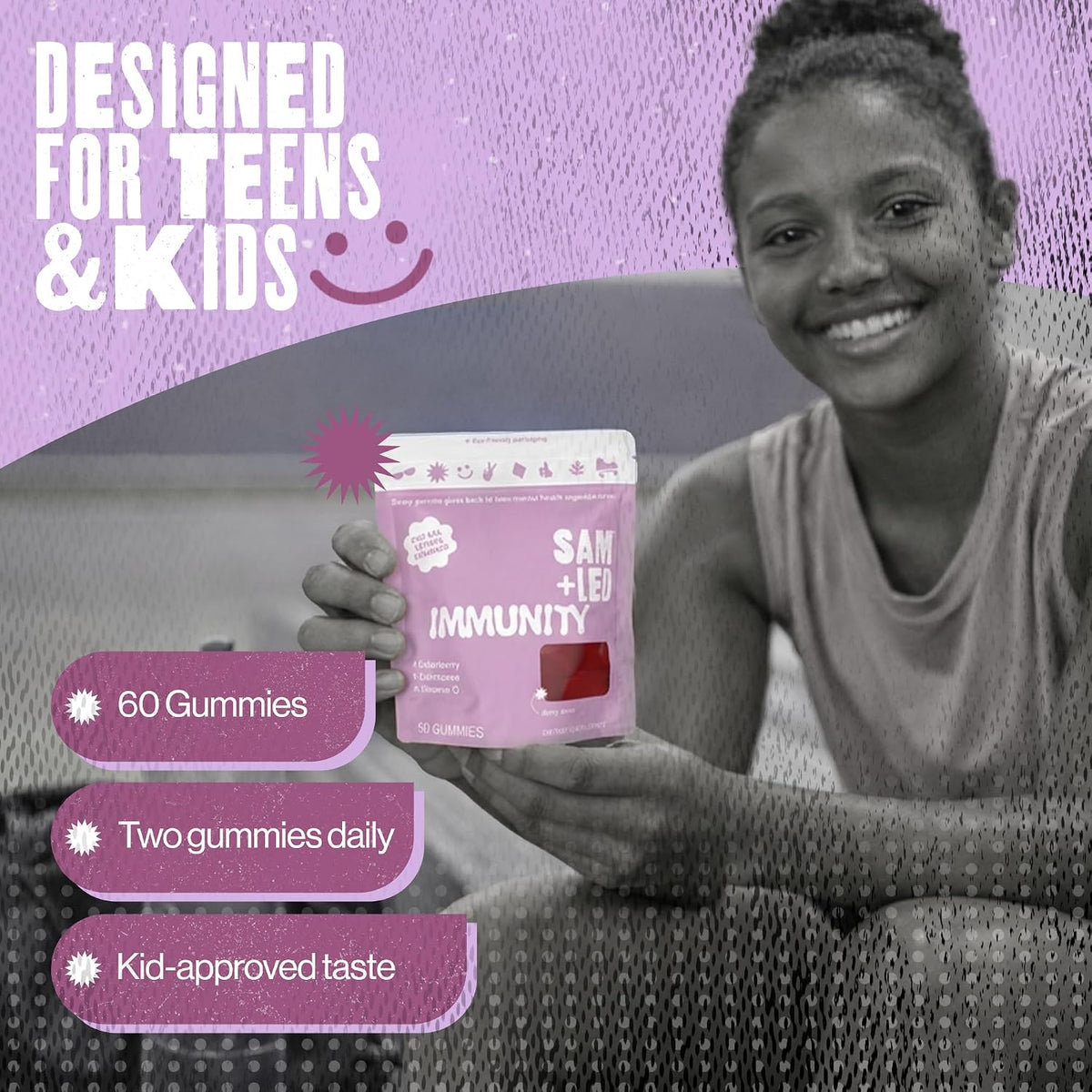 SAM+LEO Immunity Gummies with Elderberry, Echinacea, Zinc & Vitamin C – Kids Immune Support – Berry Flavour (60 Count) - görsel 5