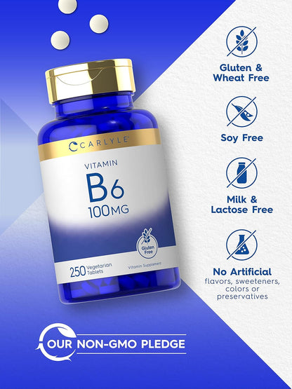 Carlyle Vitamin B6 100mg | 250 Tablets | Pyridoxine Hydrochloride Supplement | Vegetarian, Non-GMO, Gluten-free