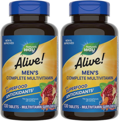 Nature's Way Alive! Men's Complete Daily Multivitamin, Supports Energy Metabolism & Muscle Function, with B Vitamins, Gluten-free, 130 Tablets