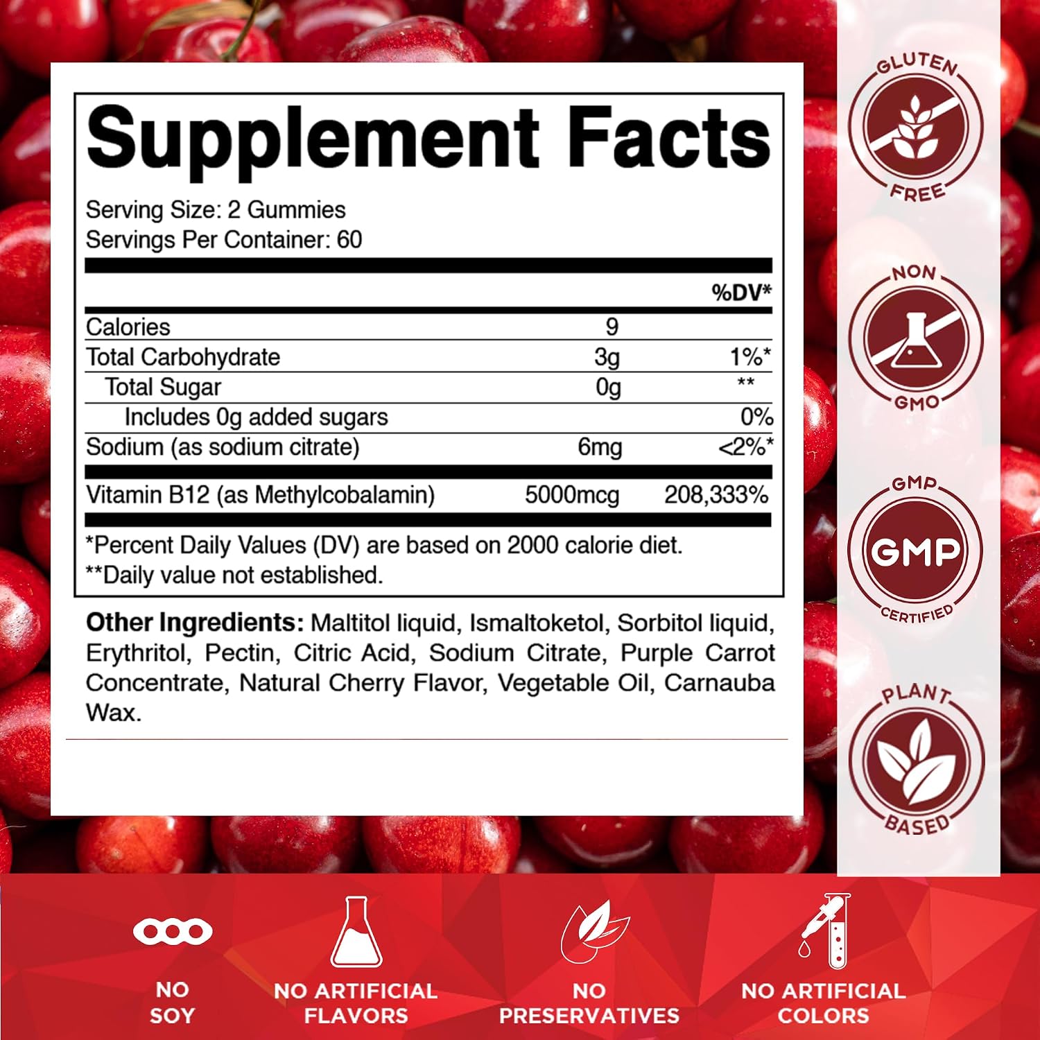 Vitamatic Extra Strength Vitamin B12 5000 mcg (Methyl B12) Gummies – Natural Cherry Flavour – 120 Count - görsel 2