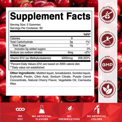 Vitamatic Extra Strength Vitamin B12 5000 mcg (Methyl B12) Gummies – Natural Cherry Flavour – 120 Count