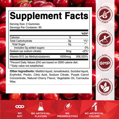 Vitamatic Extra Strength Vitamin B12 5000mcg (Methyl B12) Gummies – 120 Count, Natural Cherry Flavour