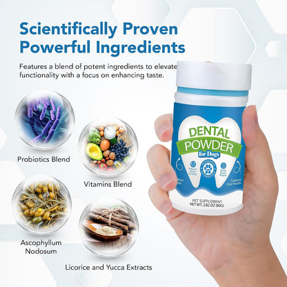 Spanielbuns Dental Powder for Dogs - Plaque Control & Tartar Remover, Breath Freshener with Probiotics (80 g)