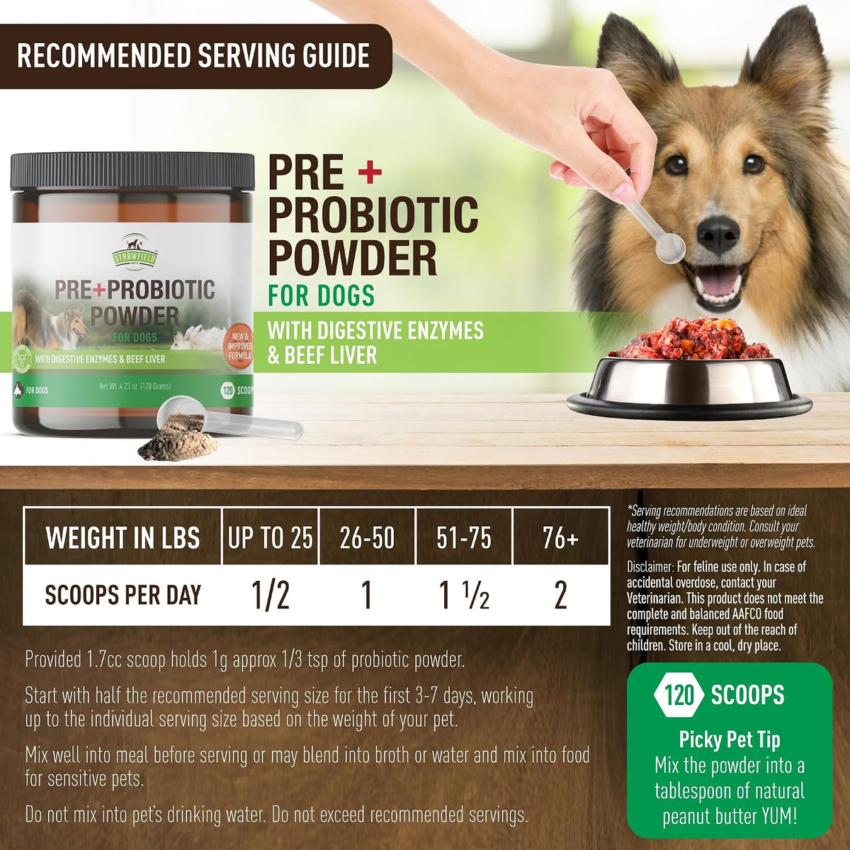Strawfield Pets Pre + Probiotic Powder for Dogs with Digestive Enzymes – Natural Beef Liver Flavour, 120 Scoops - görsel 4