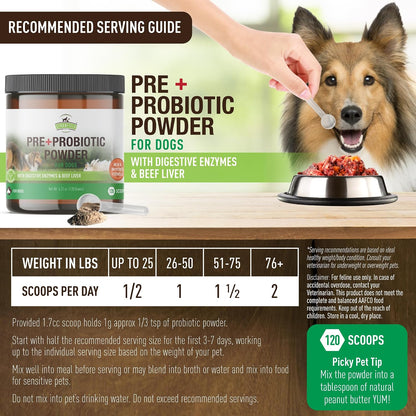 Strawfield Pets Pre + Probiotic Powder for Dogs with Digestive Enzymes – Natural Beef Liver Flavour, 120 Scoops