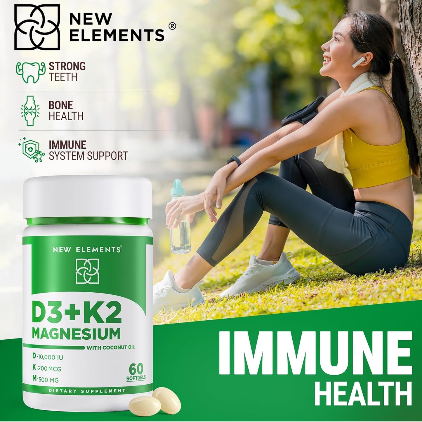 New Elements Vitamin D3 K2 10,000 IU with Magnesium Glycinate 500mg – Bone Health, Immune Support, Energy & Mood – Non-GM, Gluten-free, Sugar-Free Soft gel capsules for Women & Men (60 Soft gel capsules) - görsel 5