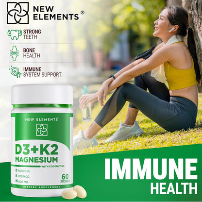 New Elements Vitamin D3 K2 10,000 IU with Magnesium Glycinate 500mg – Bone Health, Immune Support, Energy & Mood – Non-GM, Gluten-free, Sugar-Free Soft gel capsules for Women & Men (60 Soft gel capsules)