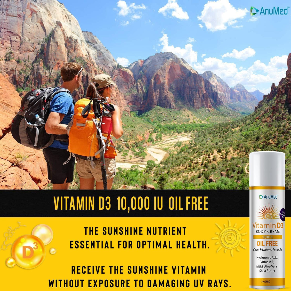 AnuMed Vitamin D3 10,000 IU Oil-Free Cream with Hyaluronic Acid, Vitamin E, and Shea Butter – Moisturising Cream for Dry Skin, Vegan & Non-GM (85 g) - görsel 1