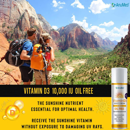 AnuMed Vitamin D3 10,000 IU Oil-Free Cream with Hyaluronic Acid, Vitamin E, and Shea Butter – Moisturising Cream for Dry Skin, Vegan & Non-GM (85 g)