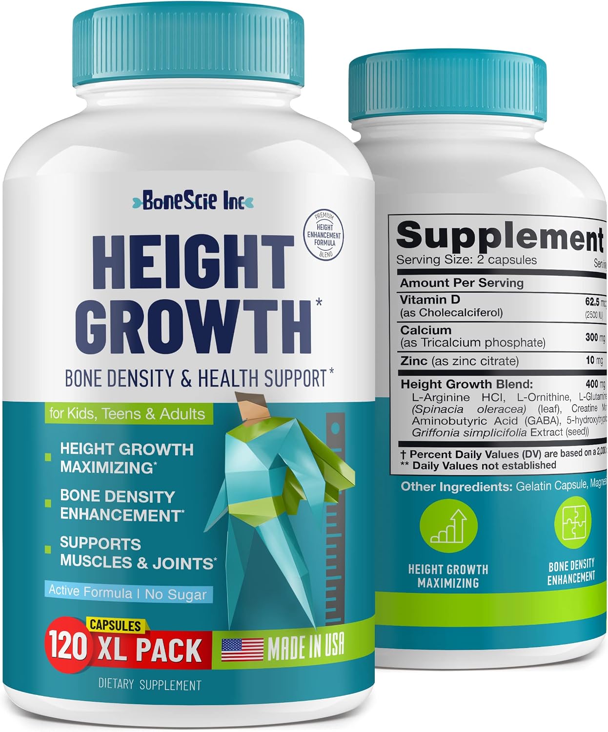 Height Growth Maximiser – Kids & Teens Bone Development Supplement with Calcium, Vitamin D3 & Zinc – 120 Capsules - görsel 1
