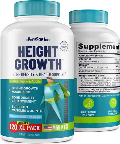 Height Growth Maximiser – Kids & Teens Bone Development Supplement with Calcium, Vitamin D3 & Zinc – 120 Capsules