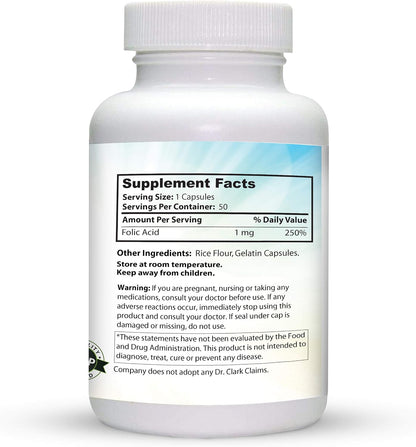 Dr. Clark Folic Acid (Vitamin B9) Supplement – 1mg, 100 Gelatine Capsules, Essential B Vitamin for Daily Health