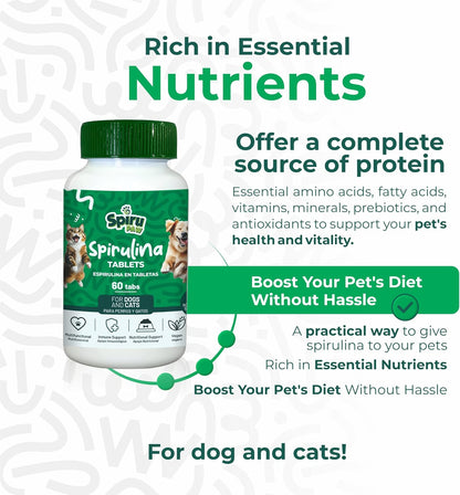 SPIRU PAW Spirulina Tablets for Dogs & Cats, Plant-based Microalgae Pet Supplement, Easy Daily Tablet, Supports Daily Wellness & Skin & Coat, 60 Count
