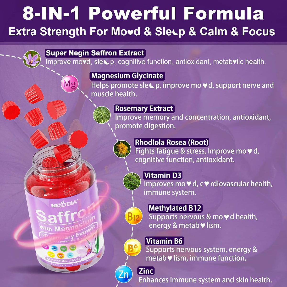 Happy Saffron Gummies – 4 Months Supply – Saffron Extract 177mg, Magnesium Glycinate 200mg, Rhodiola, Rosemary, Vitamin D, B6, B12 for Restfulness, Mood, Calm, Focus – Sugar-Free - görsel 4