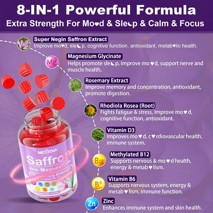 Happy Saffron Gummies – 4 Months Supply – Saffron Extract 177mg, Magnesium Glycinate 200mg, Rhodiola, Rosemary, Vitamin D, B6, B12 for Restfulness, Mood, Calm, Focus – Sugar-Free