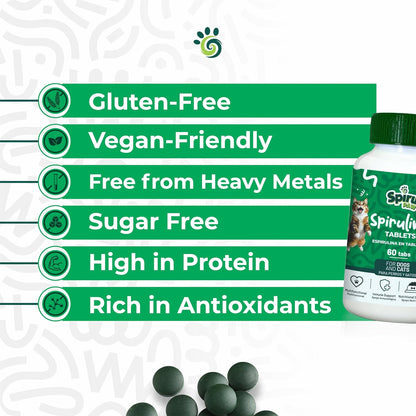 SPIRU PAW Spirulina Tablets for Dogs & Cats, Plant-based Microalgae Pet Supplement, Easy Daily Tablet, Supports Daily Wellness & Skin & Coat, 60 Count