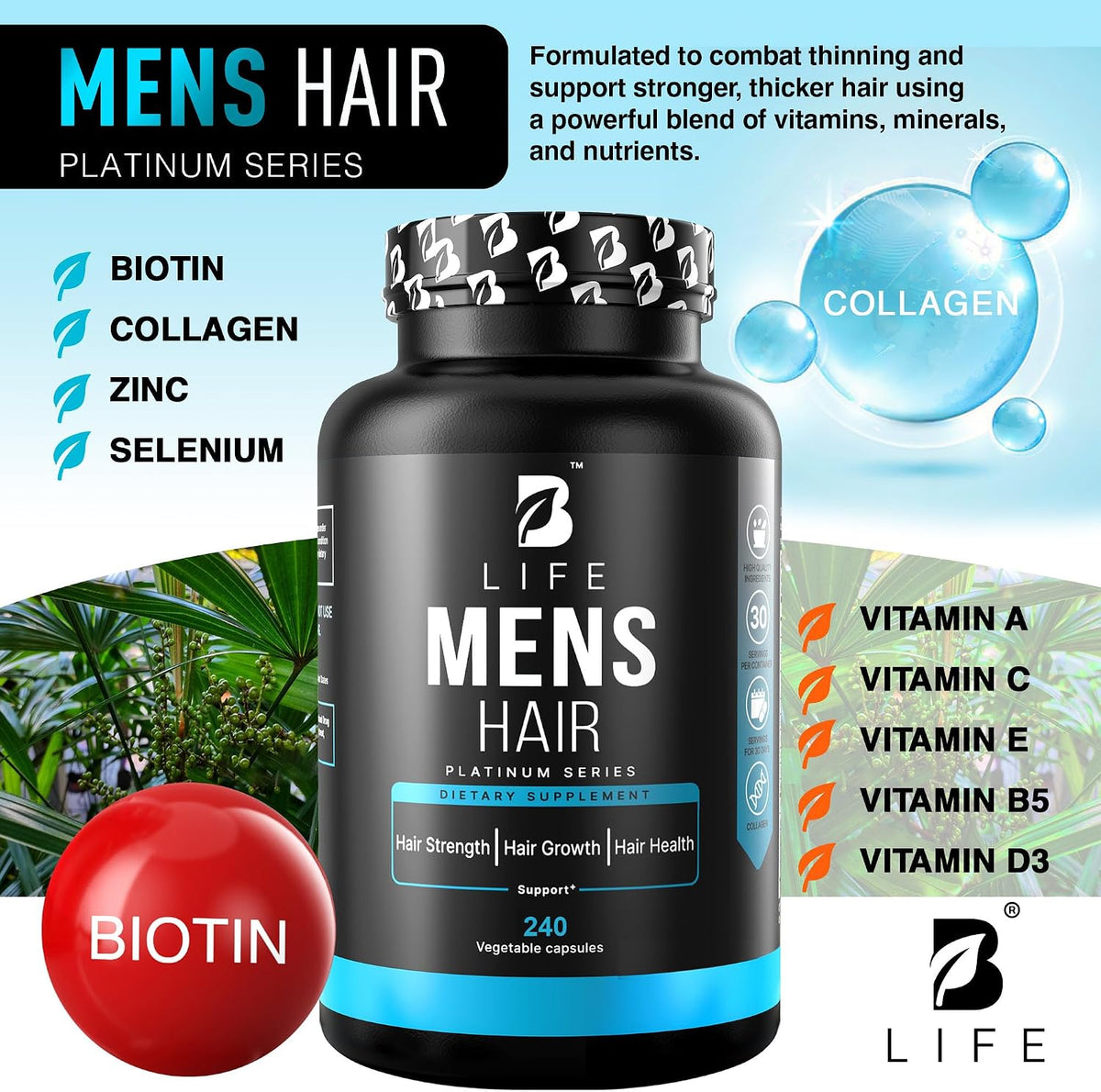 B Life Company Men's Hair Growth Food Supplement with Biotin & Collagen - 240 Capsules - görsel 2
