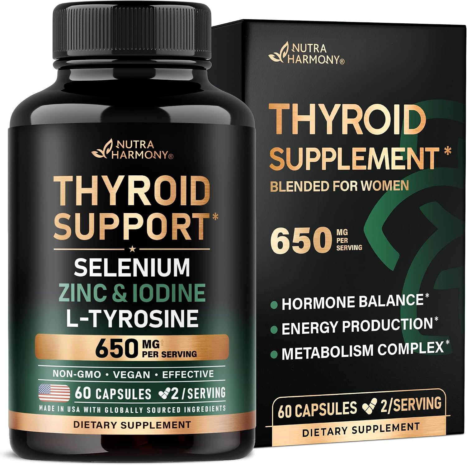 Thyroid Support for Women - Selenium 200 mcg | Astragalus | Zinc & Iodine | L-Tyrosine | Adaptogen Herbs - 21-in-1 Antioxidant & Immune Support - Vegan, Non-GMO - Lab Tested - 60 Capsules - görsel 1