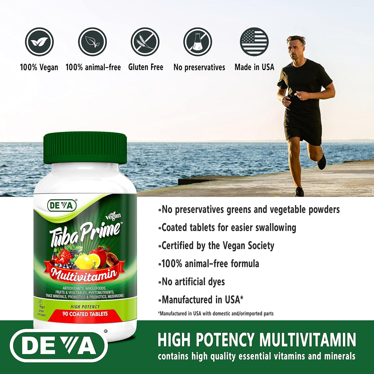DEVA Tuba Prime Vegan Multivitamin Iron-Free - High-Potency Vitamin & Mineral Supplement with Superfoods, Mushrooms, and Probiotics (90 Tablets) - görsel 4