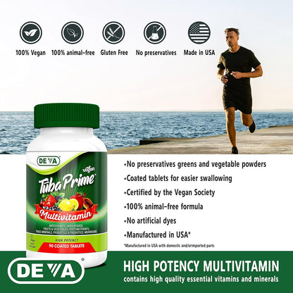 DEVA Tuba Prime Vegan Multivitamin Iron-Free - High-Potency Vitamin & Mineral Supplement with Superfoods, Mushrooms, and Probiotics (90 Tablets)