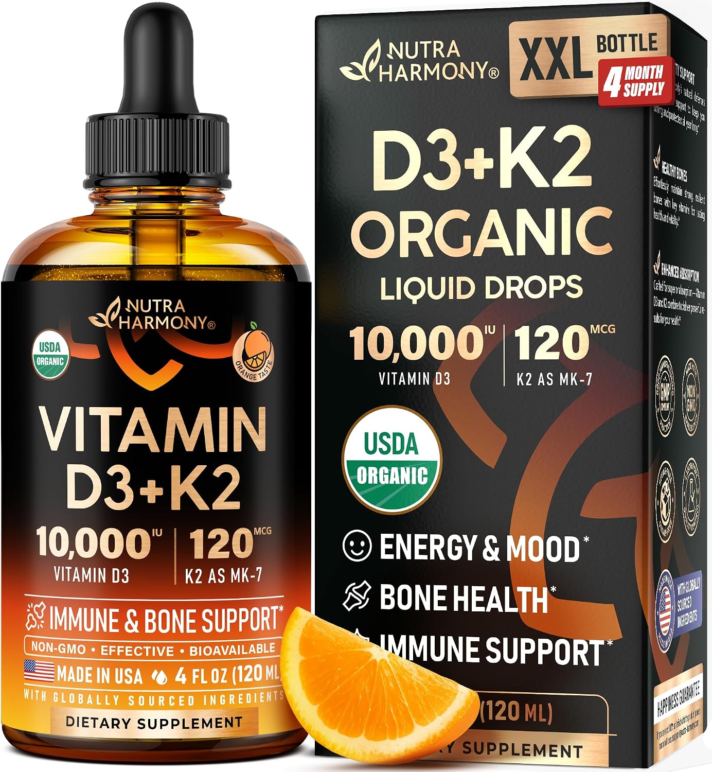 Vitamin D3 K2 USDA Organic Drops, 10000 IU D3 & 120 mcg K2 MK-7, Orange Flavour, 120 ml (120-Day Supply) - görsel 1