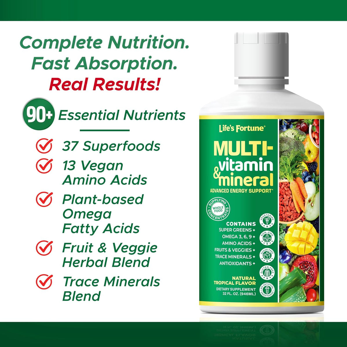 Life’s Fortune Liquid Multivitamin for Adults and Seniors - Fast Absorption, 90+ Nutrients, Tropical Flavour, 946 ml - görsel 3