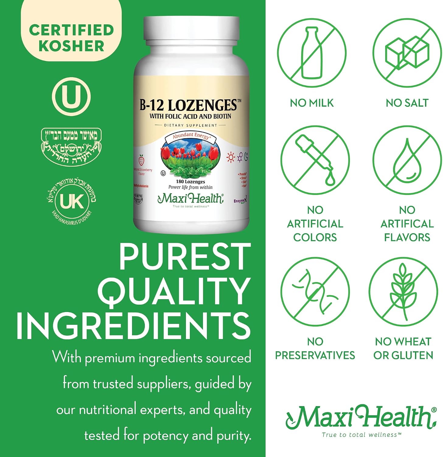 Maxi Health Vitamin B12 Lozenges - Sublingual Strawberry, 800 µg, 180 Count - görsel 6