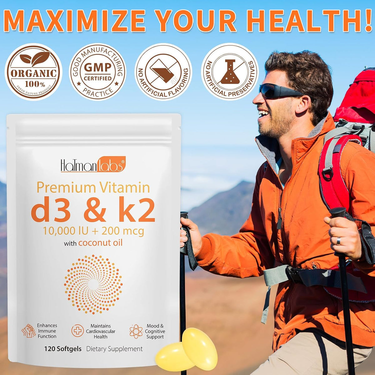 MXCZBSM Vitamin D3 K2 Supplement Soft gel capsules - 10000 IU D3 & 200 mcg K2 - for Immune, Bone, Heart & Teeth Health - Non-GMO, Gluten-free, Soya Free (2-Pack) - görsel 6