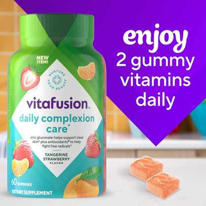 vitafusion Daily Complexion Care Gummies, Beauty Supplement for Clear Skin Support with Zinc Gluconate, Vitamins E & C, Tangerine Strawberry Flavour, 60 Count