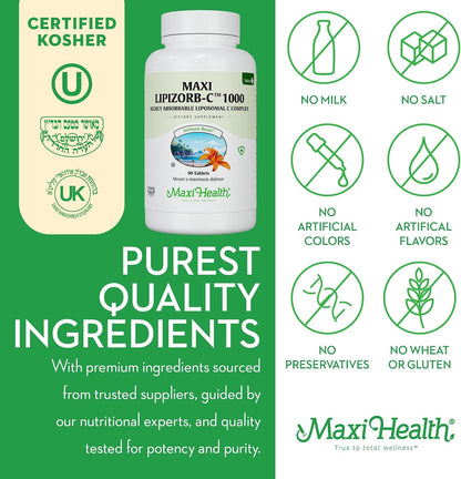 Maxi Health Vitamin C 1000mg – Gentle on Stomach Liposomal Vitamin C Supplement for Normal Immune Function – Digestive Blend with Quercetin, Ginger, Black Pepper – Vegan, Kosher, 90 Count, 90-Day Supply