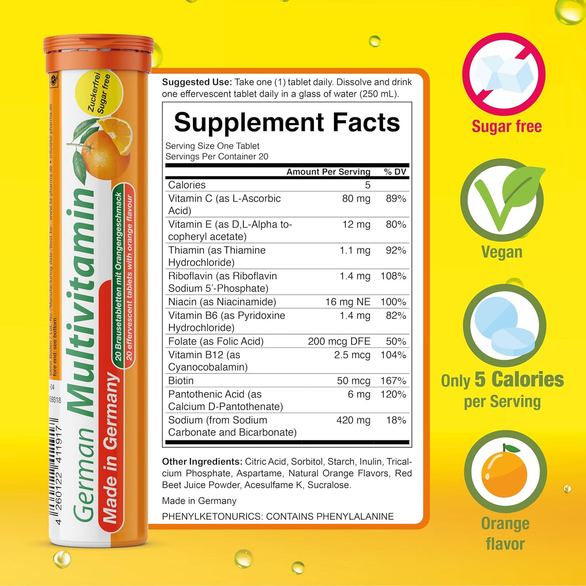 T&D German Multivitamin 10 Vitamins - 40 Vegan Drink Effervescent Tablets - Orange Flavour - Made in Germany - görsel 3