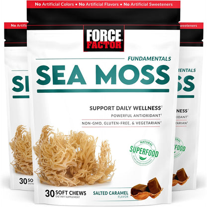 Force Factor Sea Moss Soft Chews - Support Immunity, Digestion, and Heart Health - Irish Sea Moss Superfood & Antioxidants Supplement - Non-GM, Gluten-free, Salted Caramel Flavour - 90 Soft Chews (3-Pack)