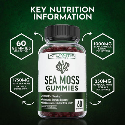 Irish Sea Moss Gummies - 3000mg - Sea Moss, Bladderwrack & Burdock Root - Antioxidant Superfood Supplement, 60 Gummies