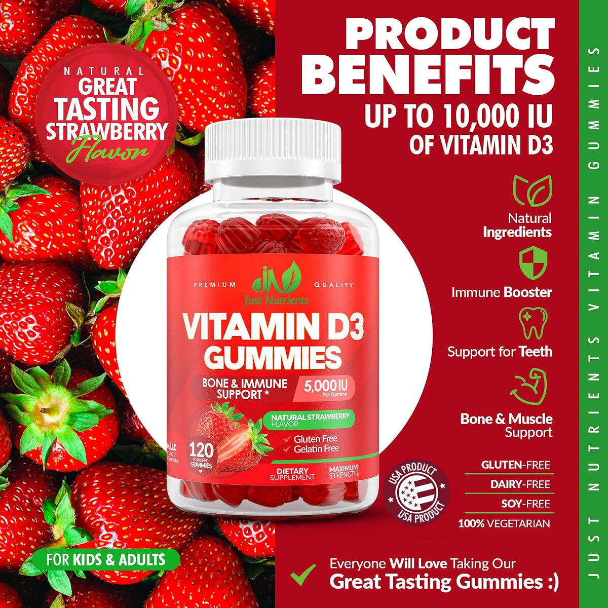 Vitamin D3 5000 IU Gummies for Adults & Kids - Immune System Support, Bones & Teeth - 120 Count - görsel 3