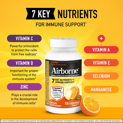Airborne Citrus Chewable Tablets, 116ct – Food Supplement with 1000mg Vitamin C, Vitamins A, D, E, Zinc, Selenium, Manganese, and Herbal Blend – Gluten-free