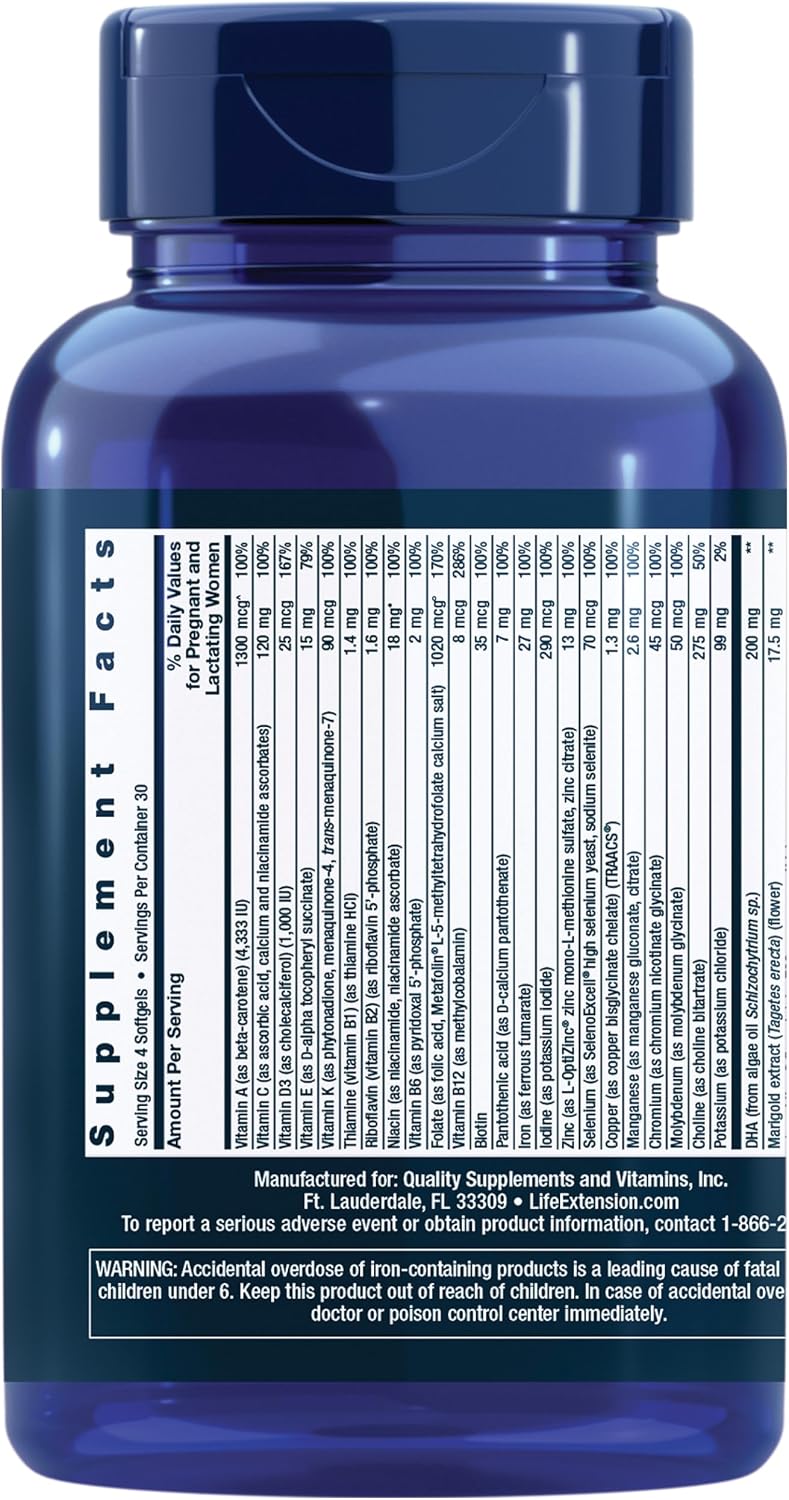 Life Extension Prenatal Advantage - Women's Multivitamin with Bioactive Folate, Choline, DHA, and Essential Nutrients - 120 Softgels - görsel 2