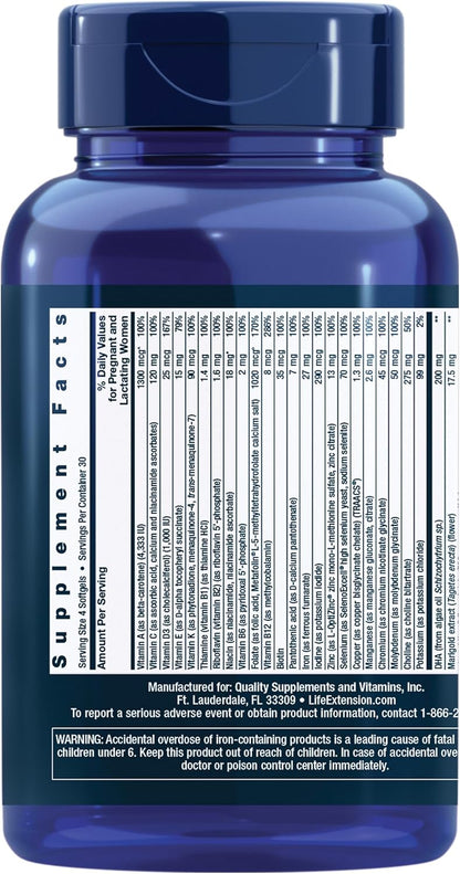 Life Extension Prenatal Advantage - Women's Multivitamin with Bioactive Folate, Choline, DHA, and Essential Nutrients - 120 Softgels