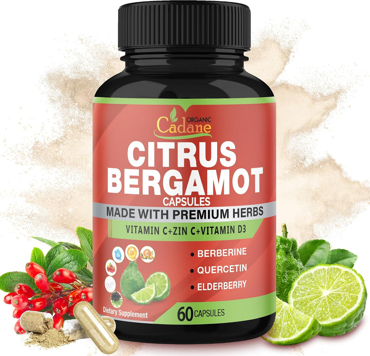 Citrus Bergamot Extract Supplement with Vitamin C, D3, Zinc, Berberine, Quercetin & More | Immune Support | 60 Capsules - görsel 1