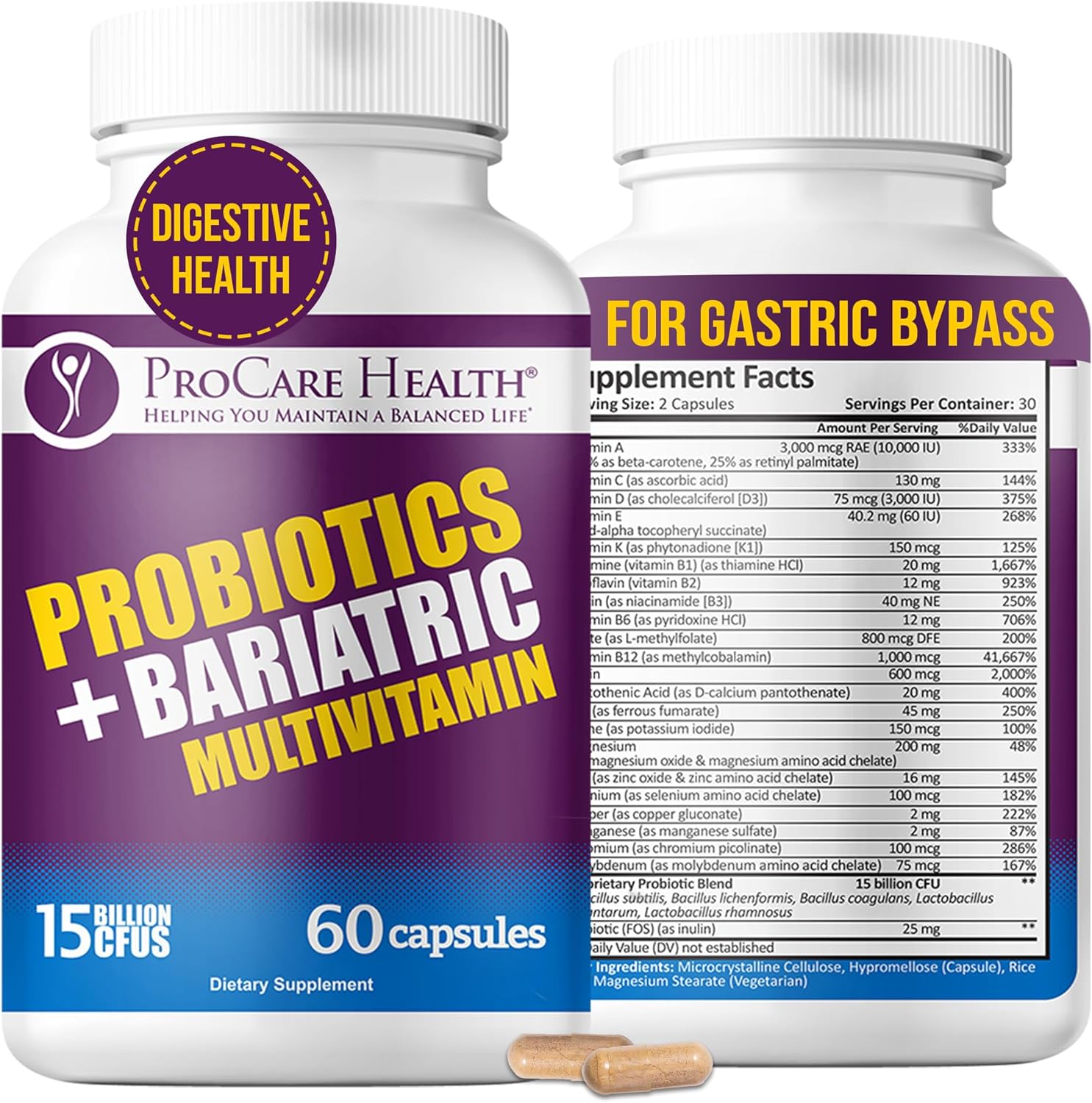 ProCare Health Probiotic Bariatric Multivitamin with Iron 45mg - 15 Billion CFU Probiotic, Fast-Dissolving Vegetable Capsules - görsel 1