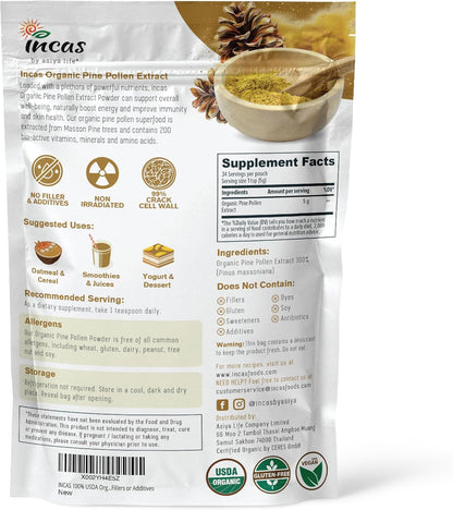 INCAS 100% USDA Organic Pine Pollen Powder - 6 oz (170 g), Non-GMO, Cracked Cell Wall, Wild Harvested
