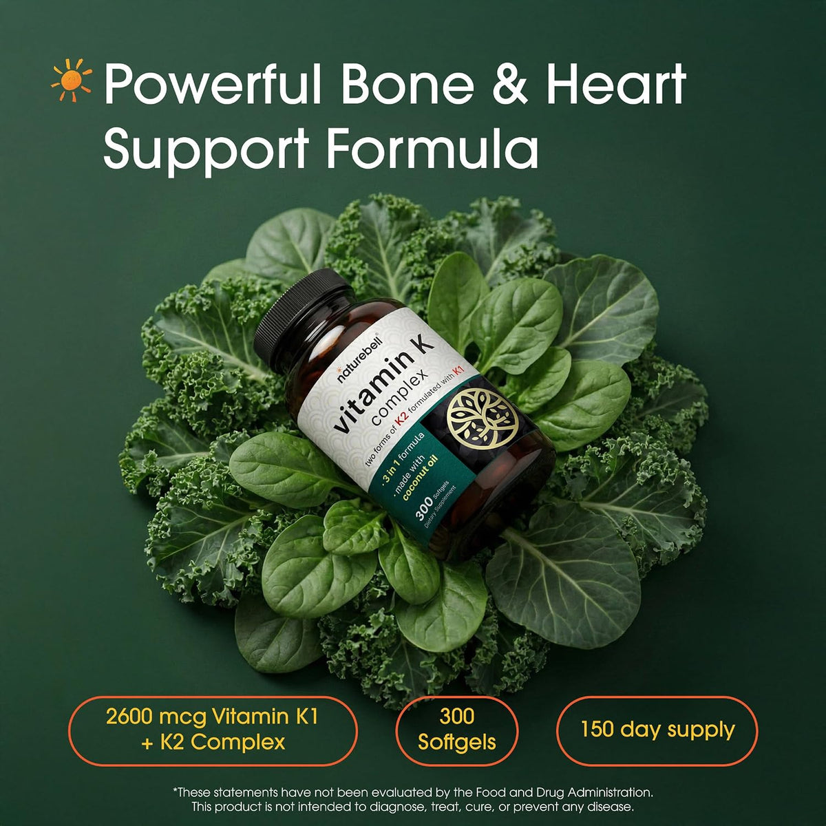 NatureBell Vitamin K Complex - 300 Softgels - 2600µg Full Spectrum K1 & K2 (MK-4 & MK-7) - görsel 2